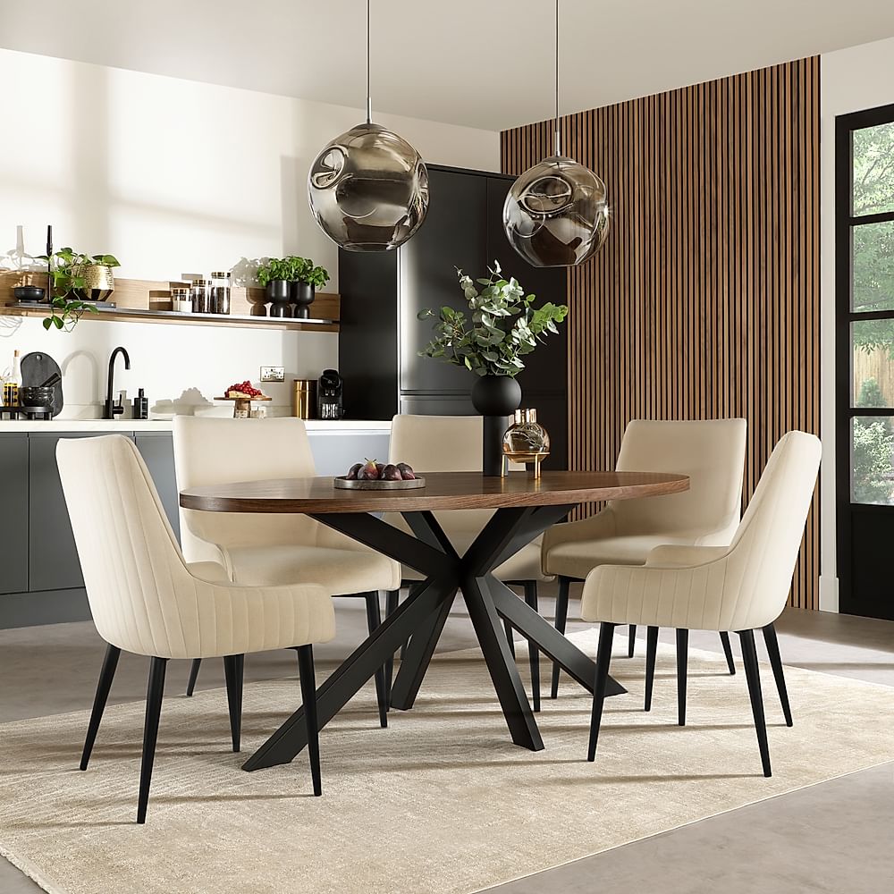 Madison Oval Industrial Dining Table & 4 Liza Chairs, Walnut Effect & Black Steel, Ivory Classic Plush Fabric, 180cm