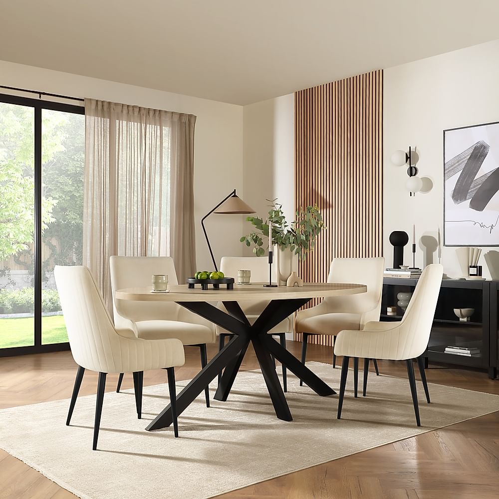 Madison Oval Dining Table & 4 Liza Chairs, Light Oak Effect & Black Steel, Ivory Classic Plush Fabric, 180cm