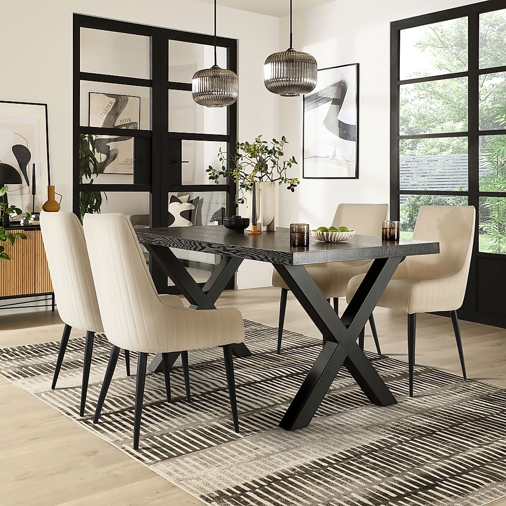 Franklin Dining Table & 4 Liza Chairs, Black Oak Effect & Black Steel, Ivory Classic Plush Fabric, 150cm