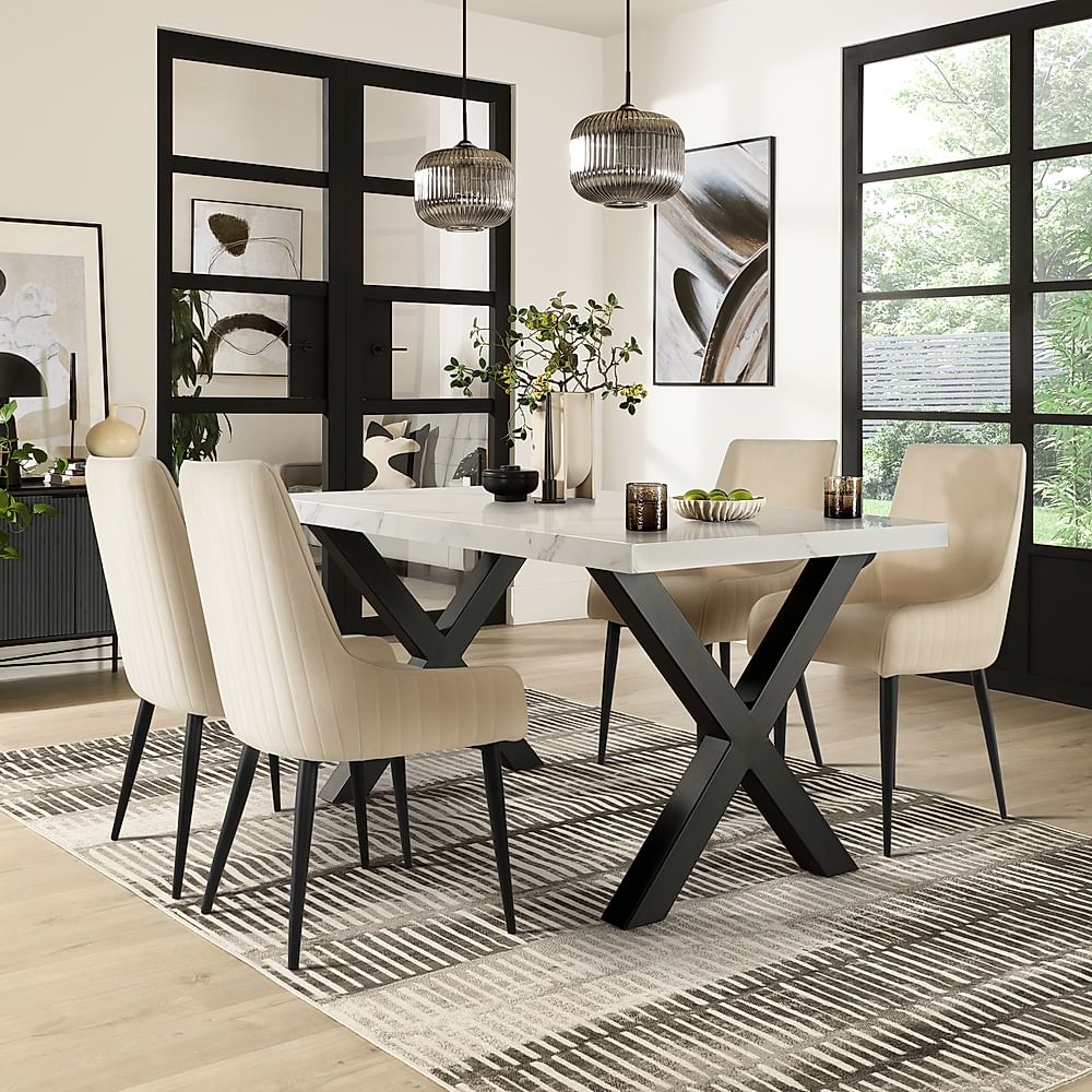 Franklin Dining Table & 4 Liza Chairs, White Marble Effect & Black Steel, Ivory Classic Plush Fabric, 150cm