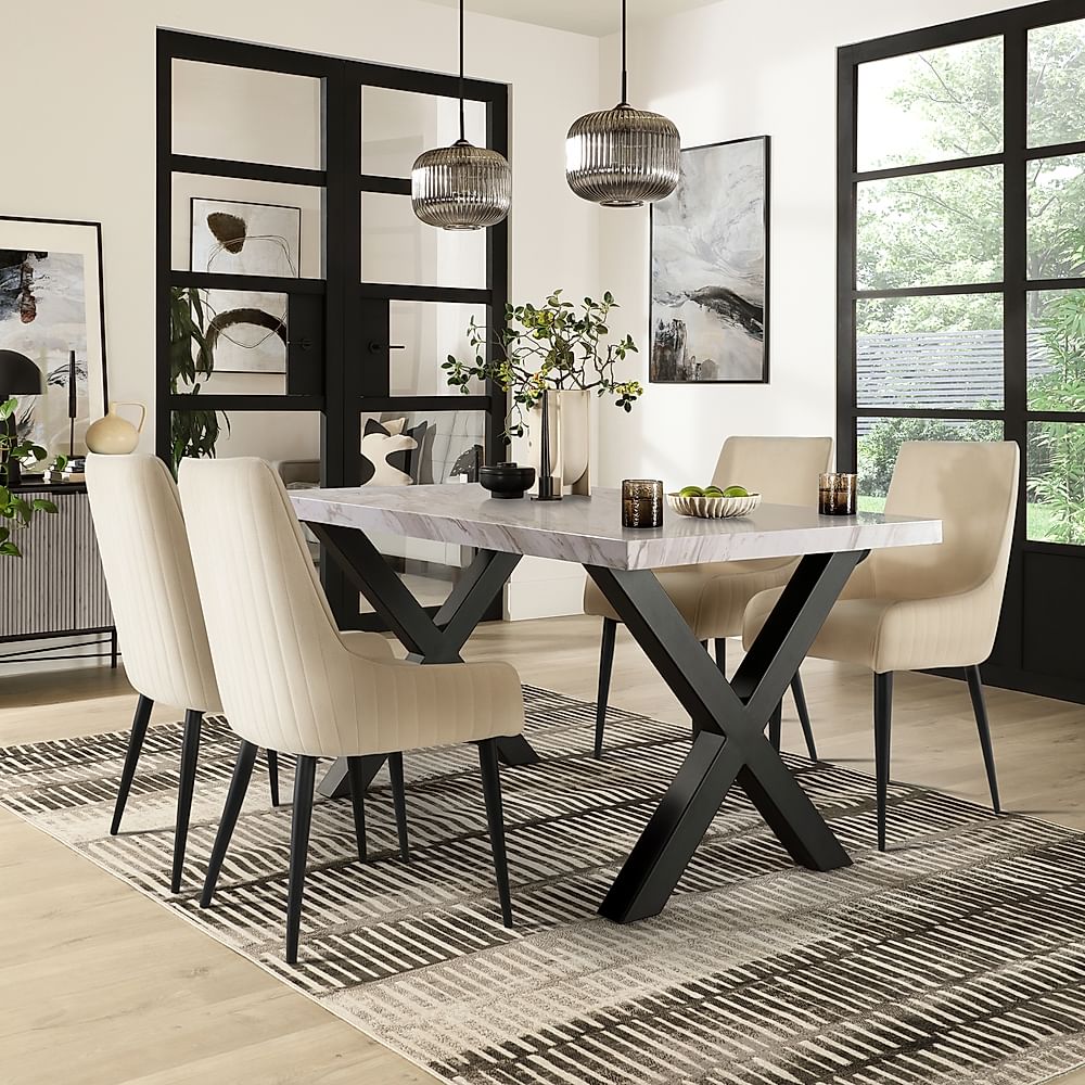 Franklin Dining Table & 4 Liza Chairs, Grey Marble Effect & Black Steel, Ivory Classic Plush Fabric, 150cm