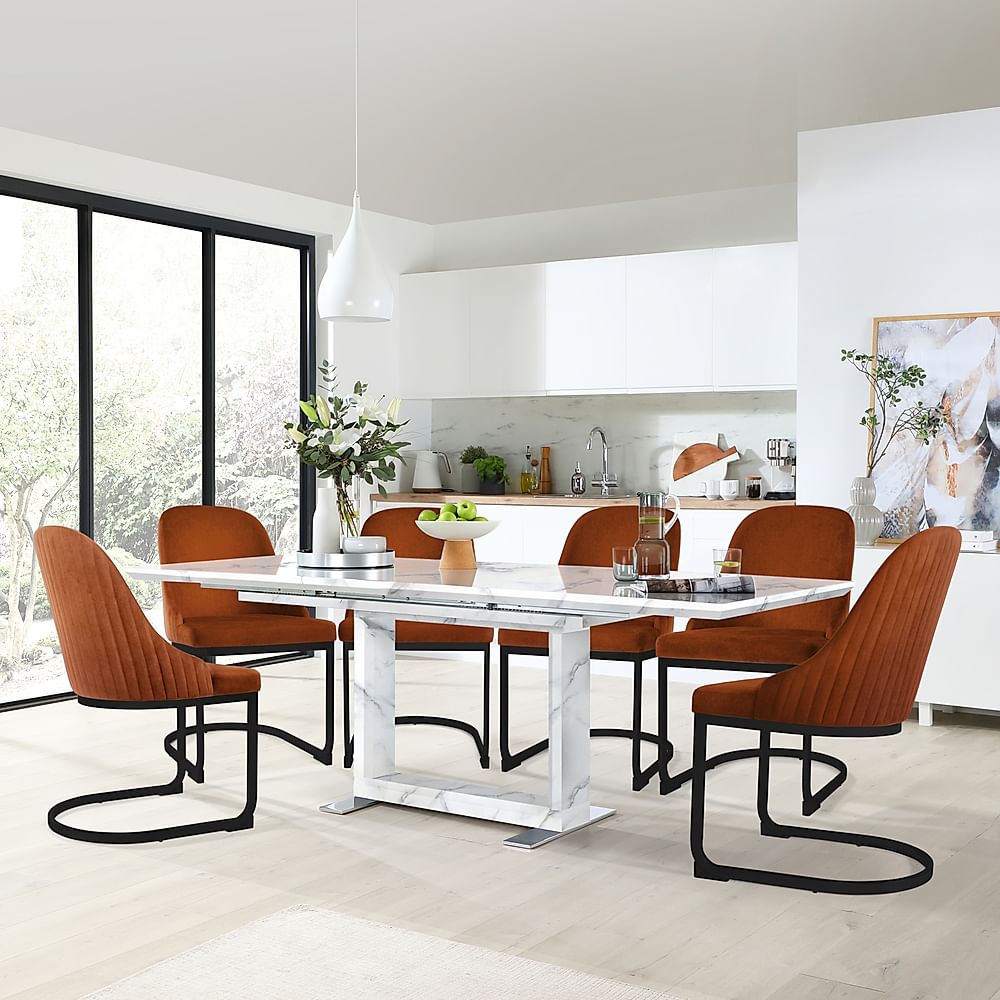 Tokyo Extending Dining Table & 6 Riva Chairs, White Marble Effect, Burnt Orange Classic Velvet & Black Steel, 160-220cm