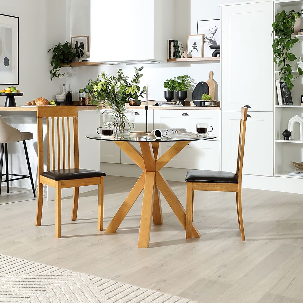 Hatton Round Dining Table & 2 Oxford Chairs, Glass & Natural Oak Finished Solid Hardwood, Brown Classic Faux Leather, 100cm