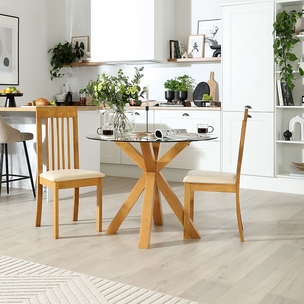 Hatton Round Dining Table & 2 Oxford Chairs, Glass & Natural Oak Finished Solid Hardwood, Ivory Classic Faux Leather, 100cm