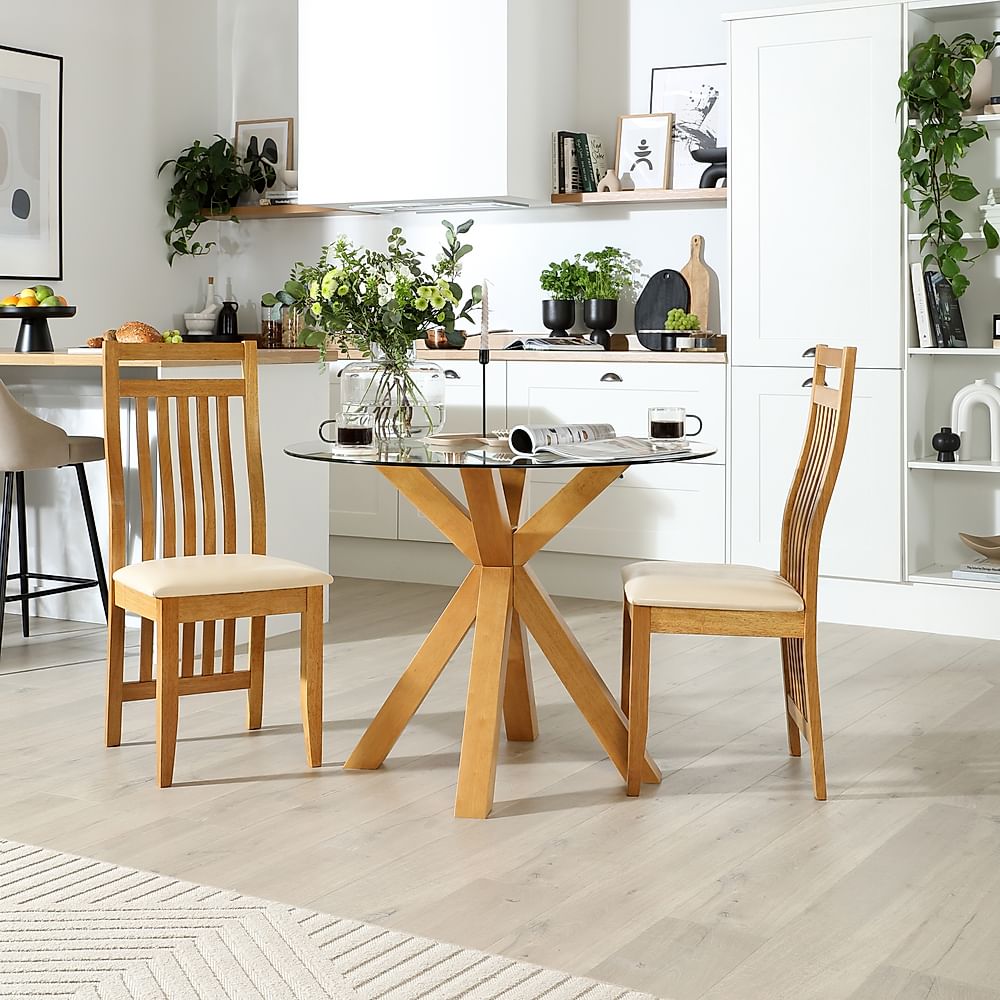 Hatton Round Dining Table & 2 Bali Chairs, Glass & Natural Oak Finished Solid Hardwood, Ivory Classic Faux Leather, 100cm