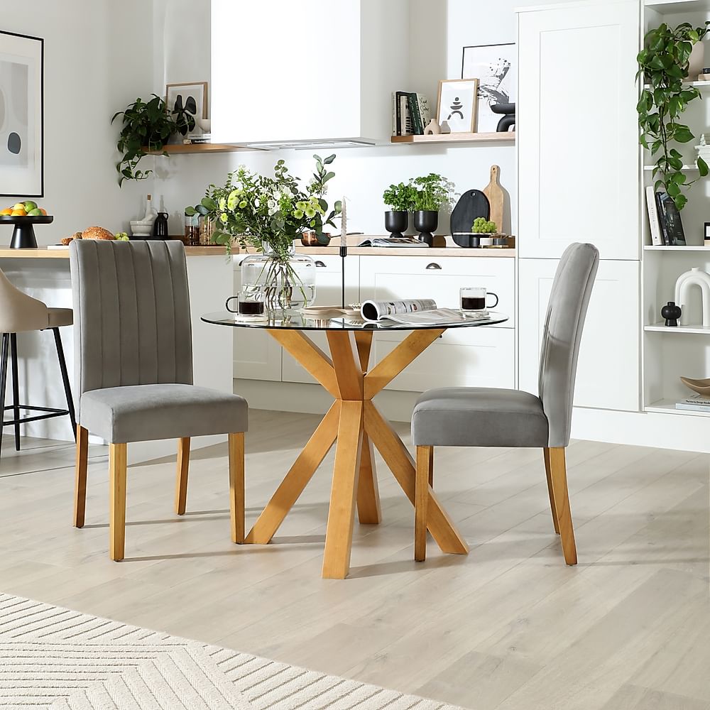 Hatton Round Dining Table & 2 Salisbury Chairs, Glass & Natural Oak Finished Solid Hardwood, Grey Classic Velvet, 100cm