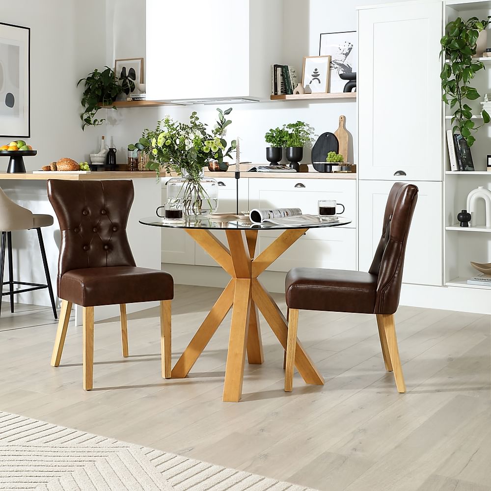 Hatton Round Dining Table & 2 Bewley Chairs, Glass & Natural Oak Finished Solid Hardwood, Club Brown Classic Faux Leather, 100cm