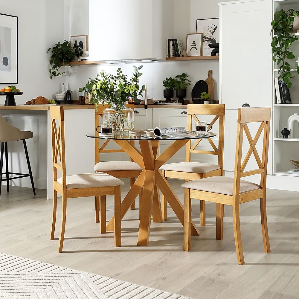 Hatton Round Dining Table & 4 Kendal Chairs, Glass & Natural Oak Finished Solid Hardwood, Oatmeal Classic Linen-Weave Fabric, 100cm