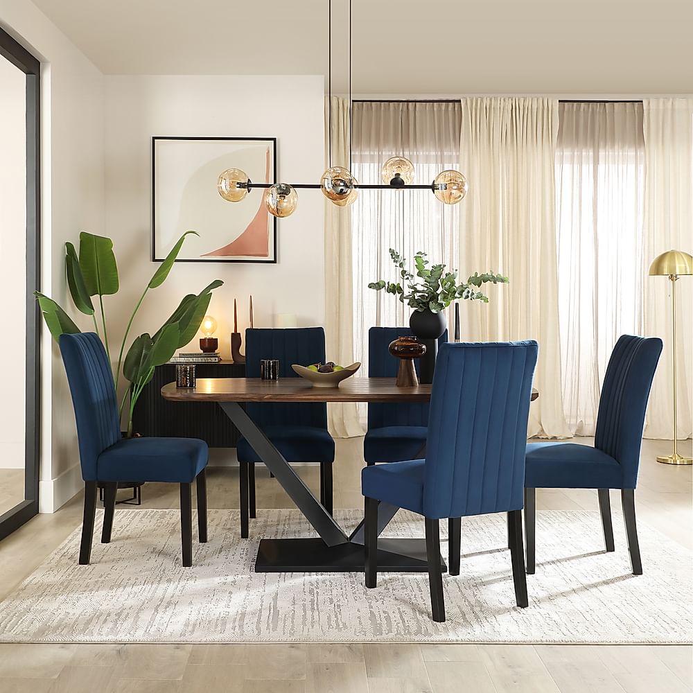 Avanta Industrial Dining Table & 4 Salisbury Dining Chairs, Walnut Effect & Black Steel, Blue Classic Velvet & Black Solid Hardwood, 160cm