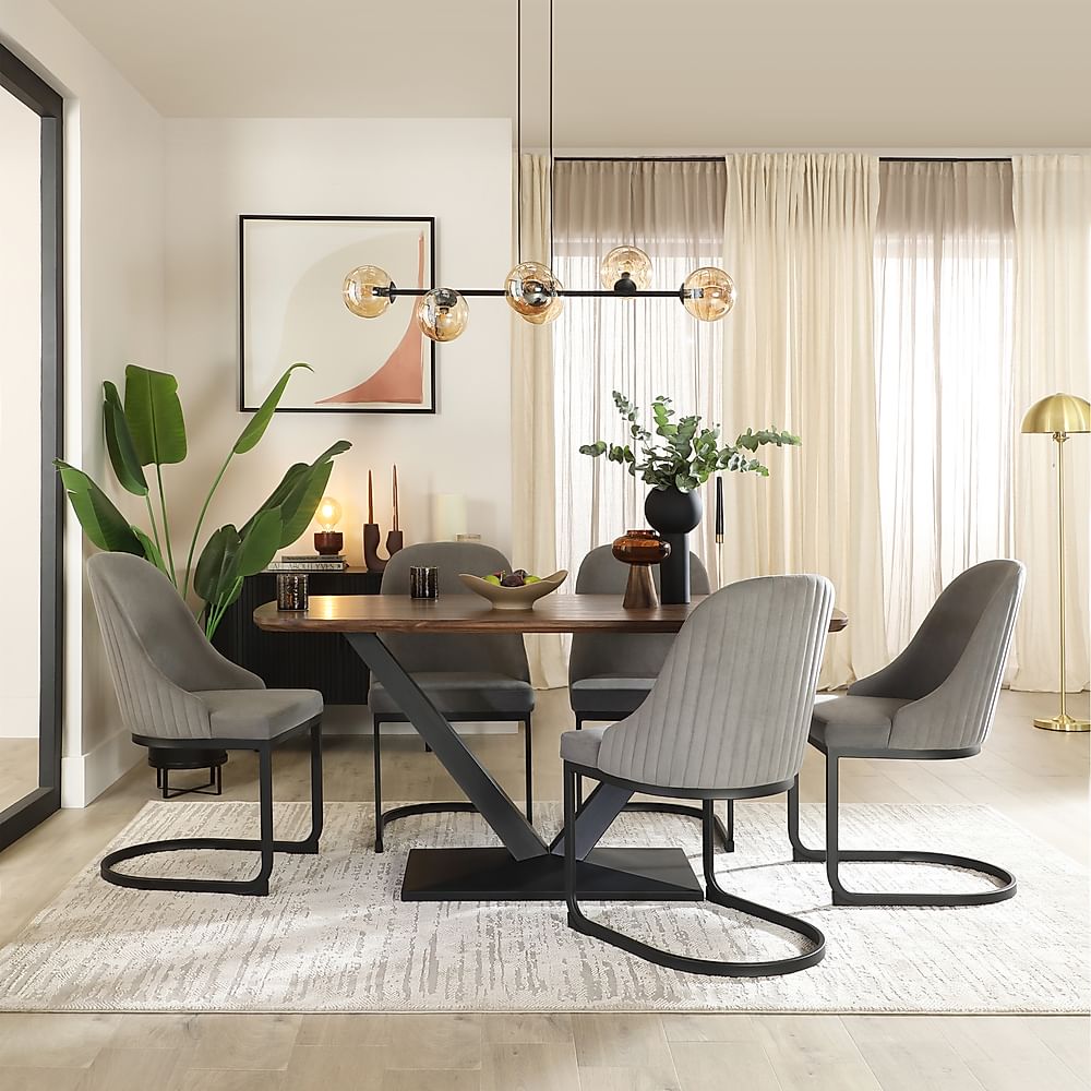 Avanta Industrial Dining Table & 6 Riva Dining Chairs, Walnut Effect & Black Steel, Grey Classic Velvet, 160cm