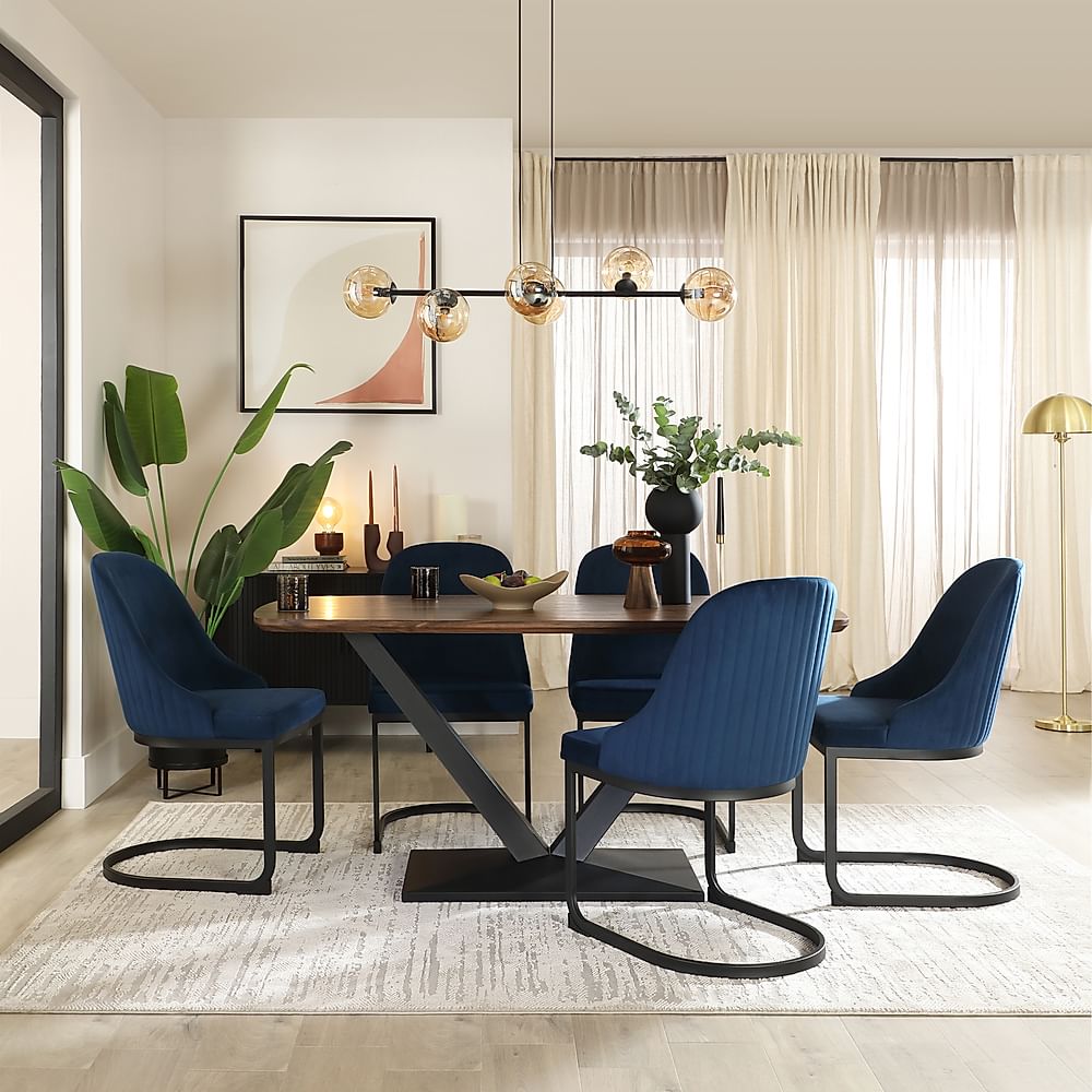 Avanta Industrial Dining Table & 4 Riva Dining Chairs, Walnut Effect & Black Steel, Blue Classic Velvet, 160cm