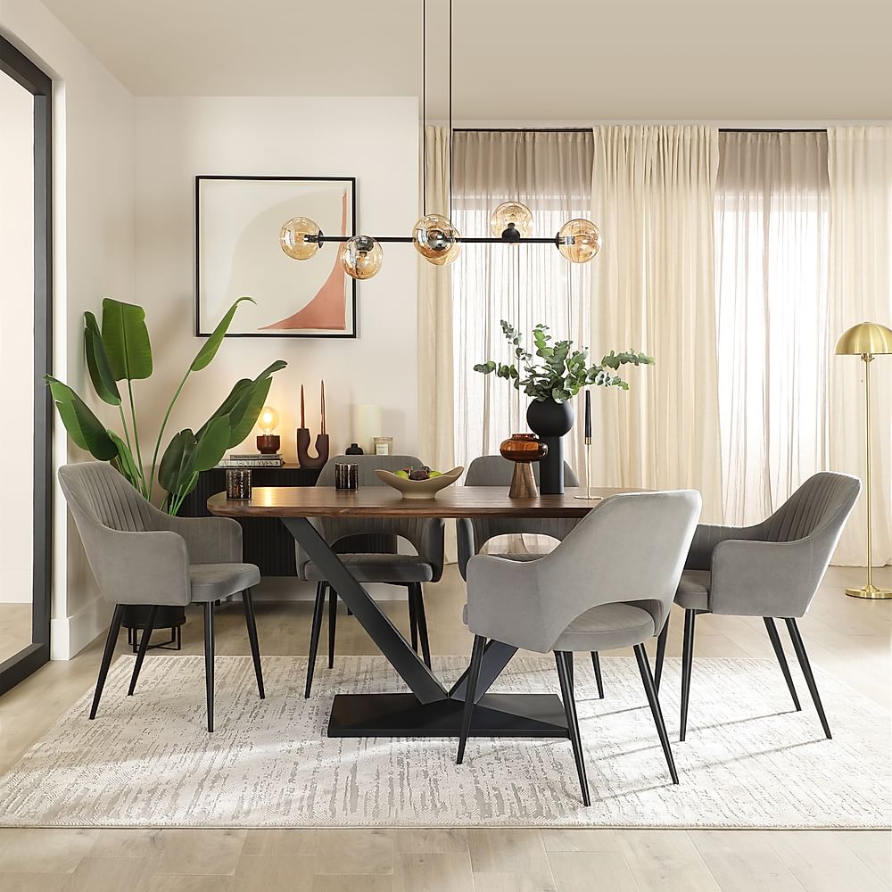 Avanta Industrial Dining Table & 6 Clara Dining Chairs, Walnut Effect & Black Steel, Grey Classic Velvet, 160cm