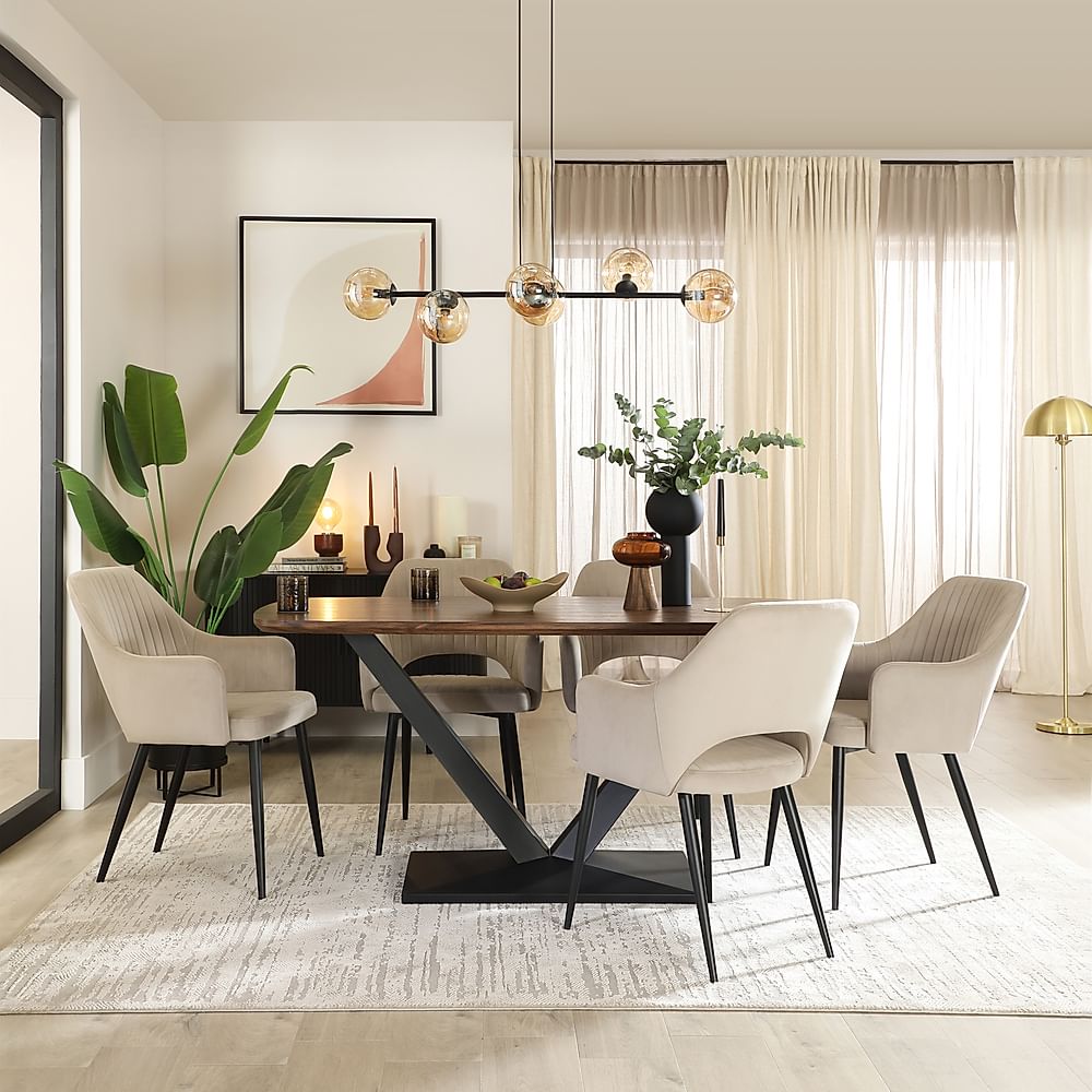 Avanta Industrial Dining Table & 4 Clara Dining Chairs, Walnut Effect & Black Steel, Champagne Classic Velvet, 160cm