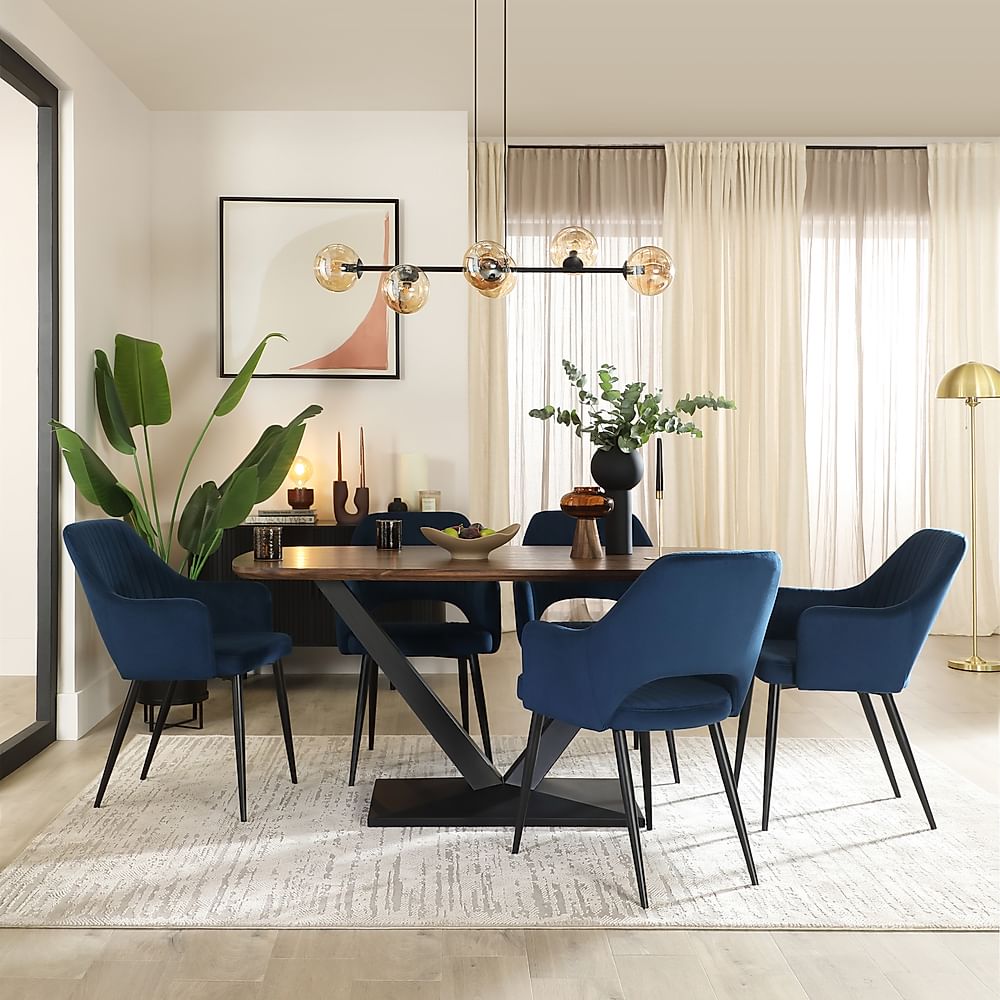 Avanta Industrial Dining Table & 6 Clara Dining Chairs, Walnut Effect & Black Steel, Blue Classic Velvet, 160cm