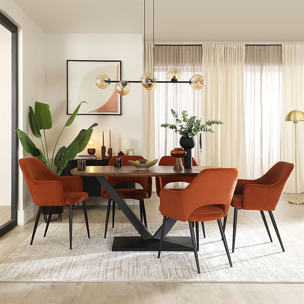 Avanta Industrial Dining Table & 4 Clara Dining Chairs, Walnut Effect & Black Steel, Burnt Orange Classic Velvet, 160cm