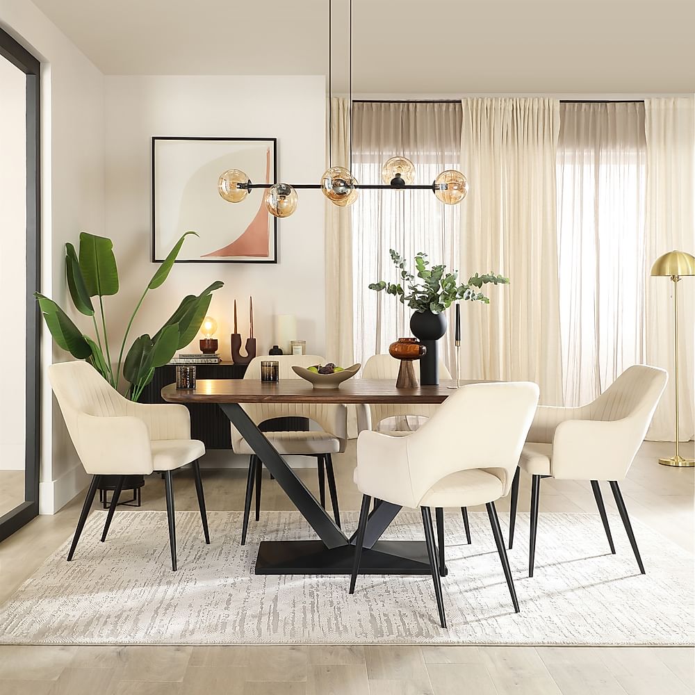 Avanta Industrial Dining Table & 4 Clara Dining Chairs, Walnut Effect & Black Steel, Ivory Classic Plush Fabric, 160cm