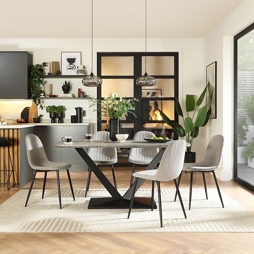 Avanta Industrial Dining Table & 4 Brooklyn Dining Chairs, Concrete Effect & Black Steel, Grey Classic Velvet, 160cm