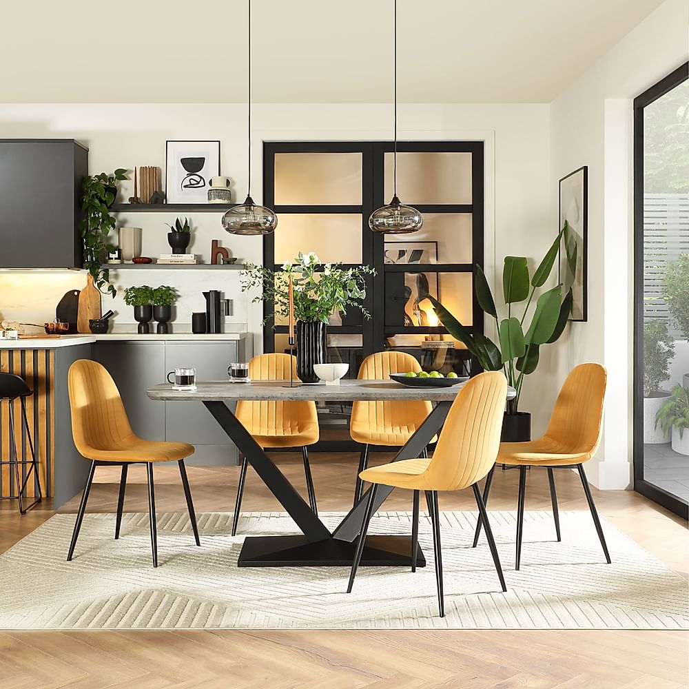 Avanta Industrial Dining Table & 4 Brooklyn Dining Chairs, Concrete Effect & Black Steel, Mustard Classic Velvet, 160cm