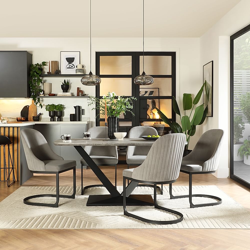 Avanta Industrial Dining Table & 4 Riva Dining Chairs, Concrete Effect & Black Steel, Grey Classic Velvet, 160cm