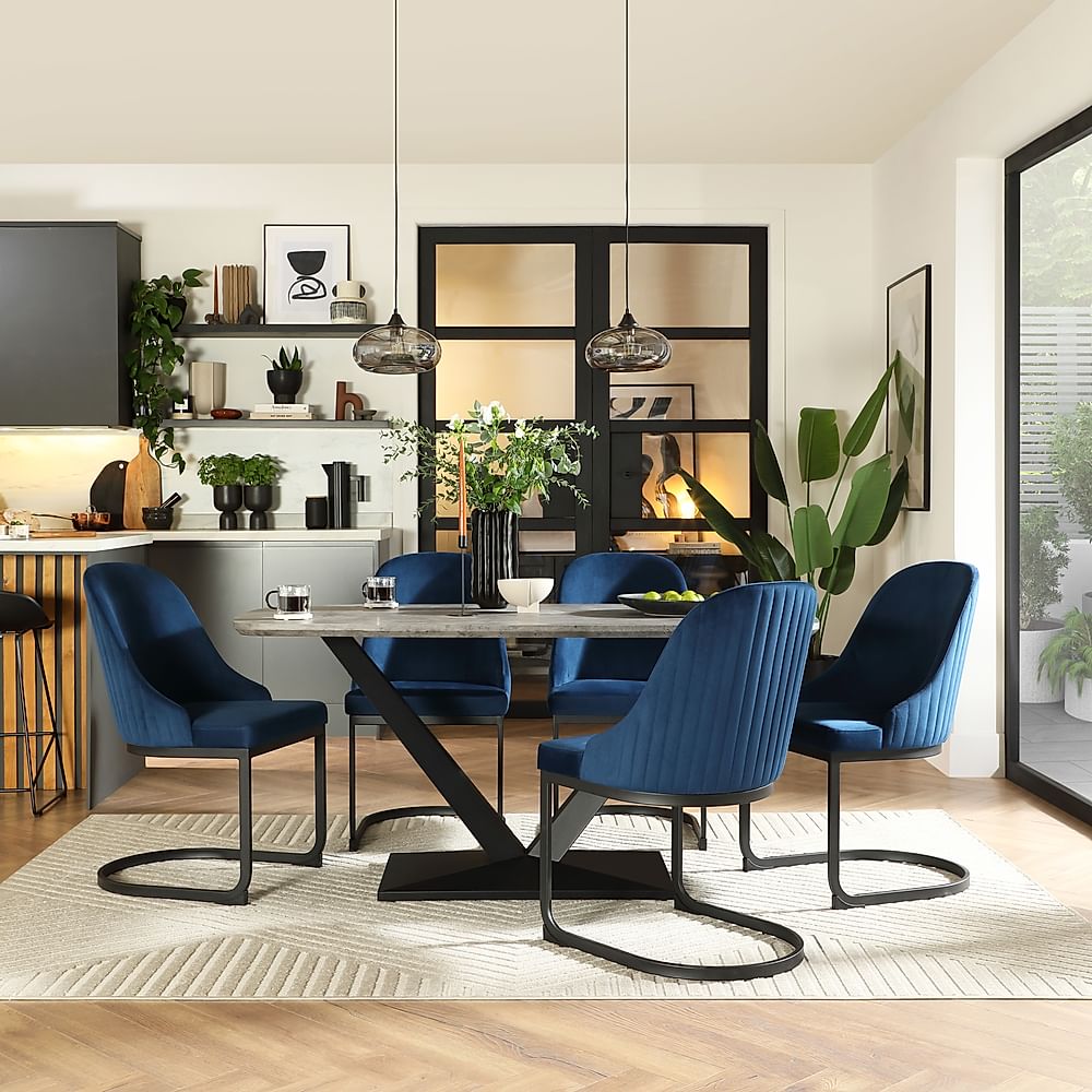 Avanta Industrial Dining Table & 4 Riva Dining Chairs, Concrete Effect & Black Steel, Blue Classic Velvet, 160cm