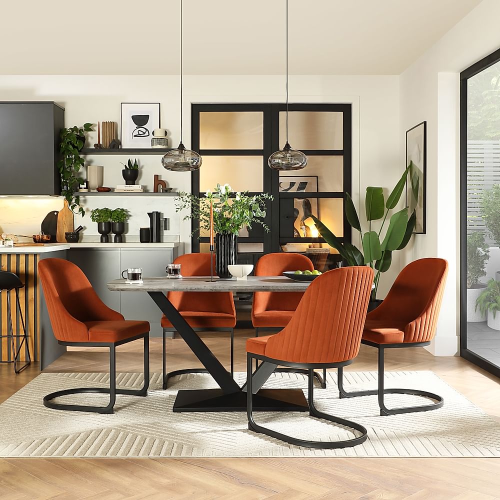 Avanta Industrial Dining Table & 4 Riva Dining Chairs, Concrete Effect & Black Steel, Burnt Orange Classic Velvet, 160cm