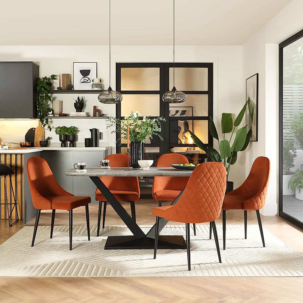 Avanta Industrial Dining Table & 4 Ricco Dining Chairs, Concrete Effect & Black Steel, Burnt Orange Classic Velvet, 160cm