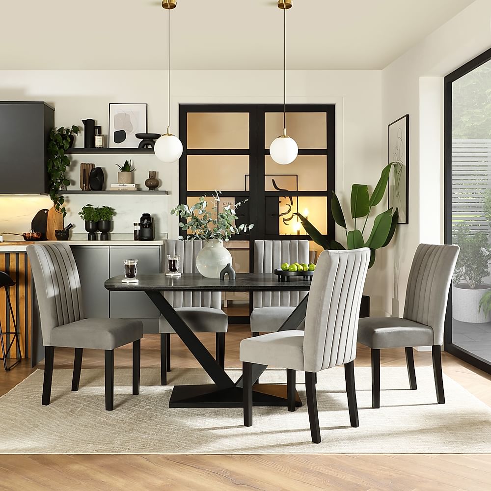 Avanta Dining Table & 4 Salisbury Dining Chairs, Black Oak Effect & Black Steel, Grey Classic Velvet & Black Solid Hardwood, 160cm