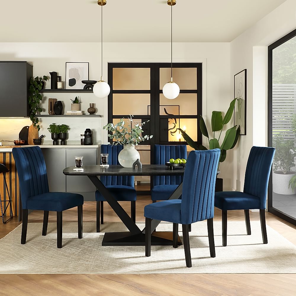 Avanta Dining Table & 6 Salisbury Dining Chairs, Black Oak Effect & Black Steel, Blue Classic Velvet & Black Solid Hardwood, 160cm