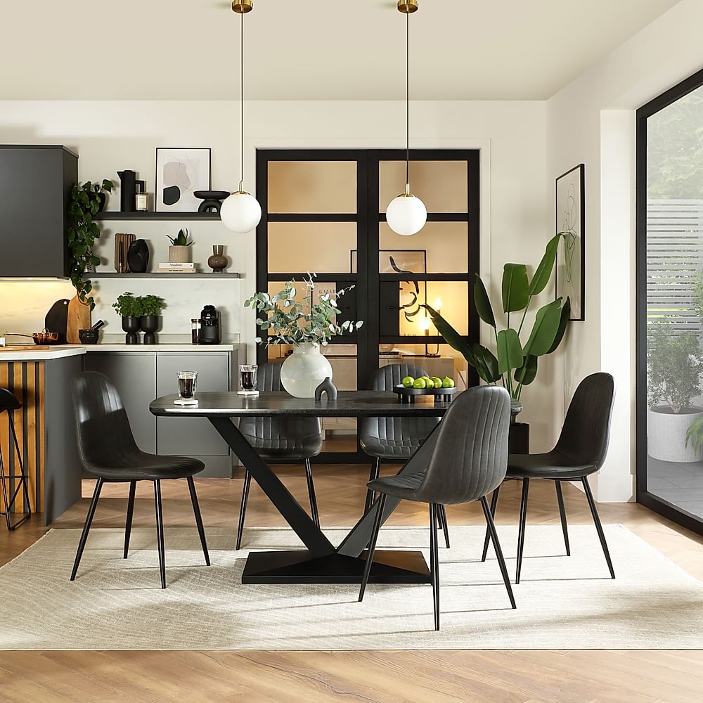 Avanta Dining Table & 4 Brooklyn Dining Chairs, Black Oak Effect & Black Steel, Vintage Grey Classic Faux Leather, 160cm