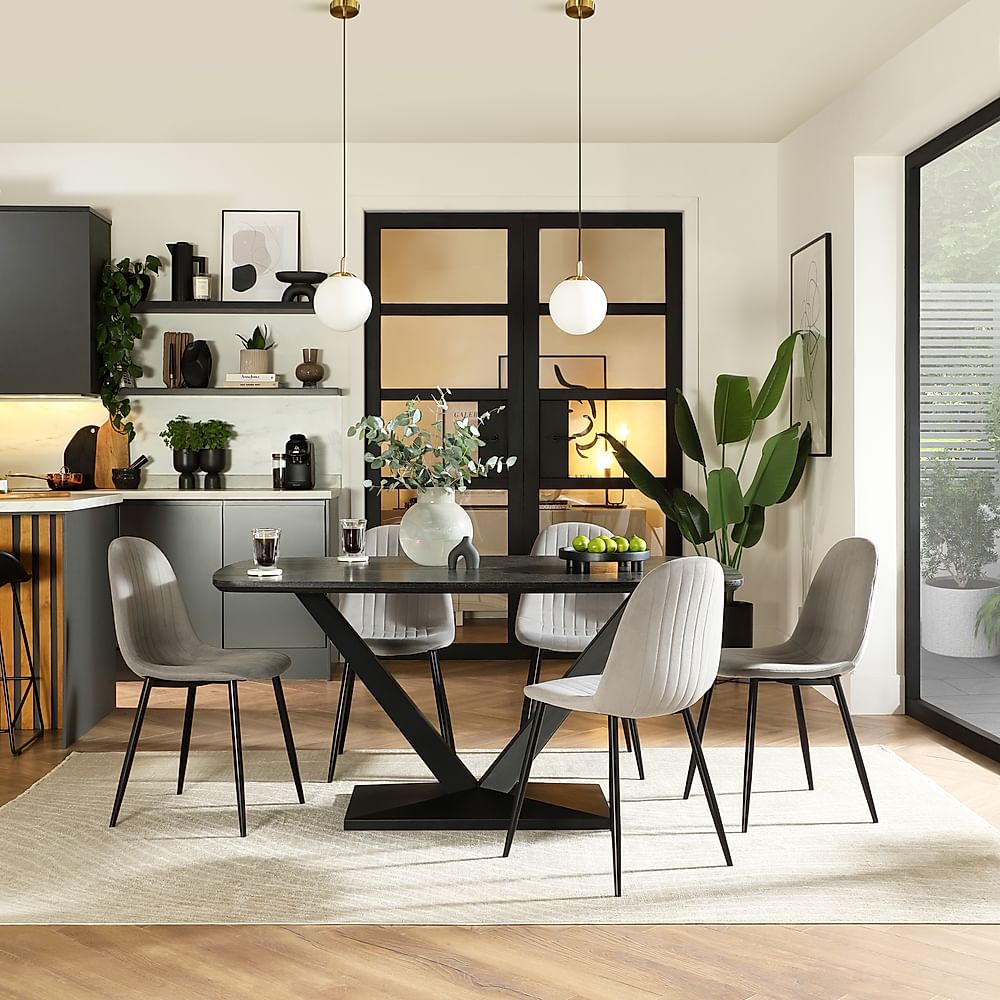 Avanta Dining Table & 4 Brooklyn Dining Chairs, Black Oak Effect & Black Steel, Grey Classic Velvet, 160cm