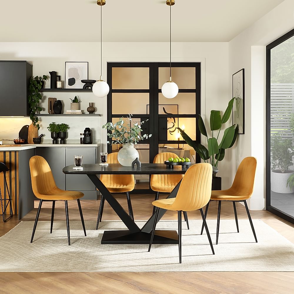 Avanta Dining Table & 4 Brooklyn Dining Chairs, Black Oak Effect & Black Steel, Mustard Classic Velvet, 160cm