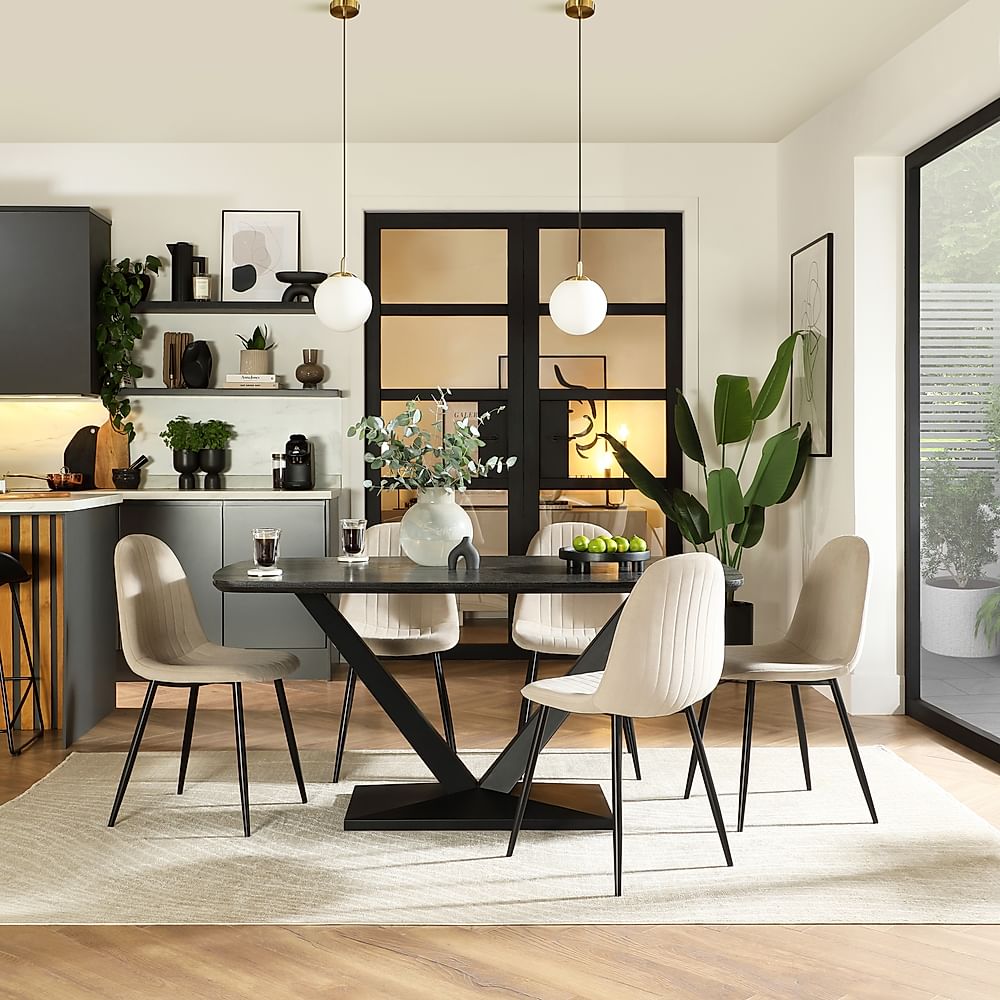 Avanta Dining Table & 4 Brooklyn Dining Chairs, Black Oak Effect & Black Steel, Champagne Classic Velvet, 160cm