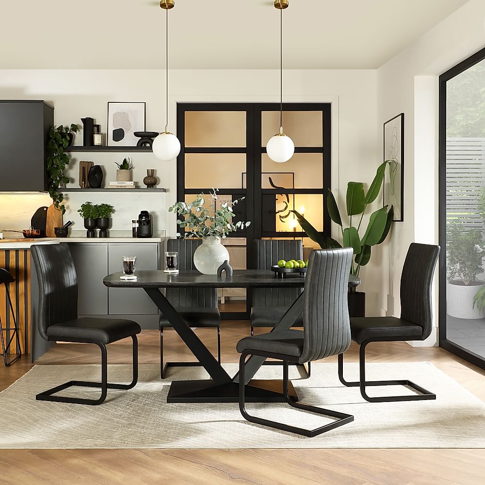 Avanta Dining Table & 4 Perth Dining Chairs, Black Oak Effect & Black Steel, Vintage Grey Premium Faux Leather, 160cm