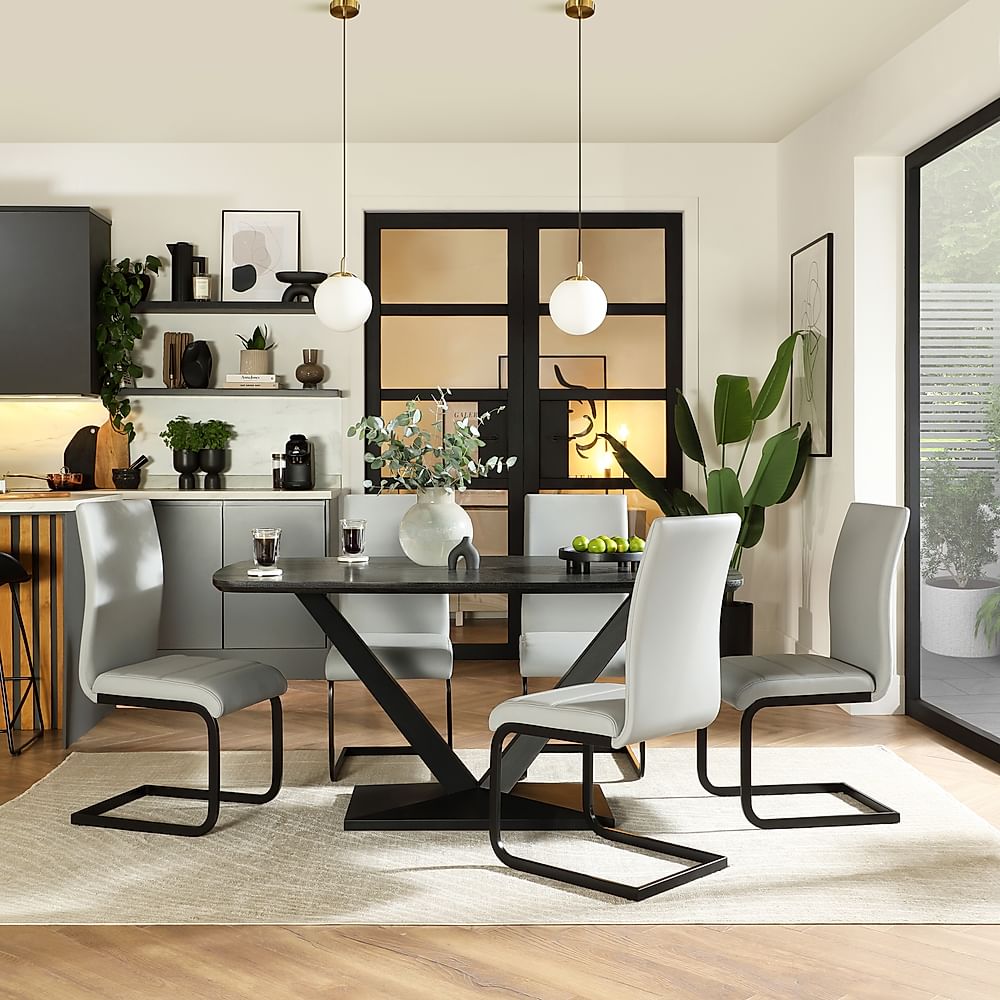 Avanta Dining Table & 4 Perth Dining Chairs, Black Oak Effect & Black Steel, Light Grey Premium Faux Leather, 160cm