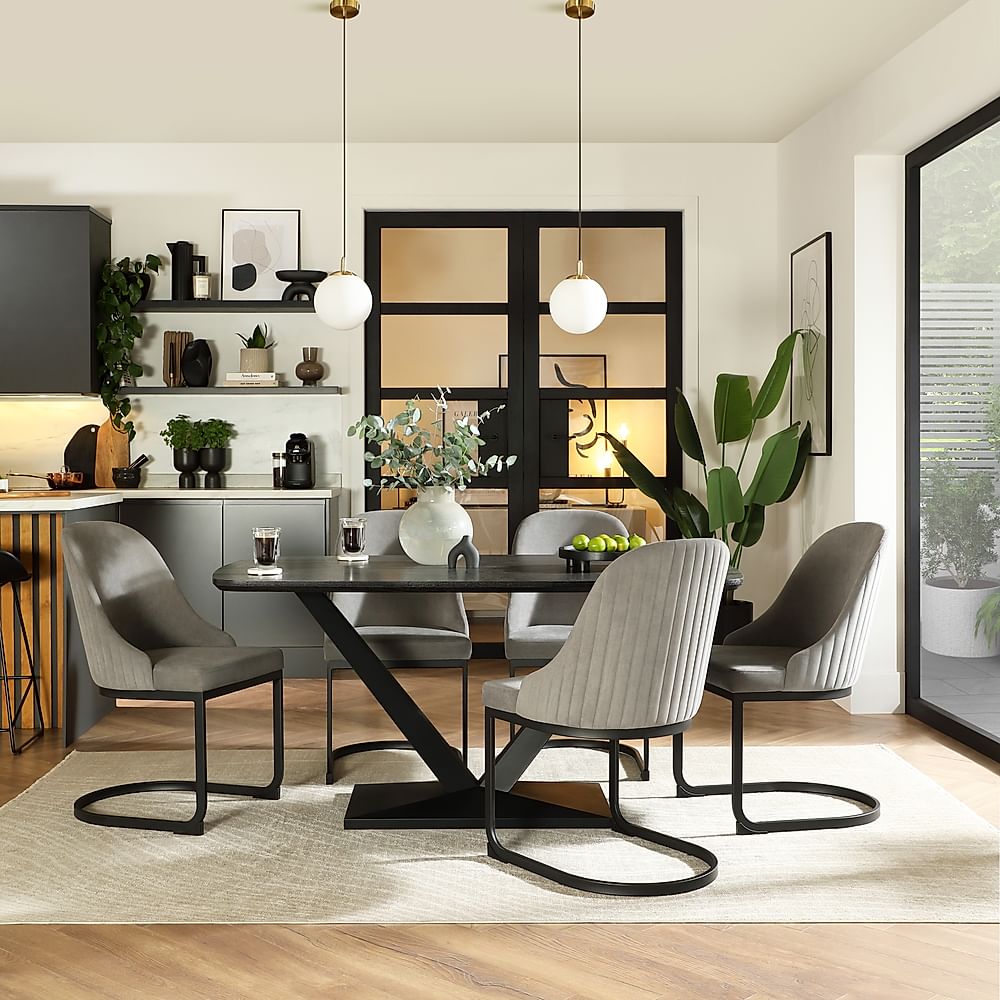 Avanta Dining Table & 4 Riva Dining Chairs, Black Oak Effect & Black Steel, Grey Classic Velvet, 160cm