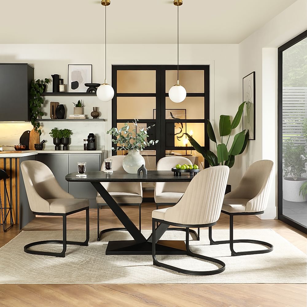 Avanta Dining Table & 4 Riva Dining Chairs, Black Oak Effect & Black Steel, Champagne Classic Velvet, 160cm