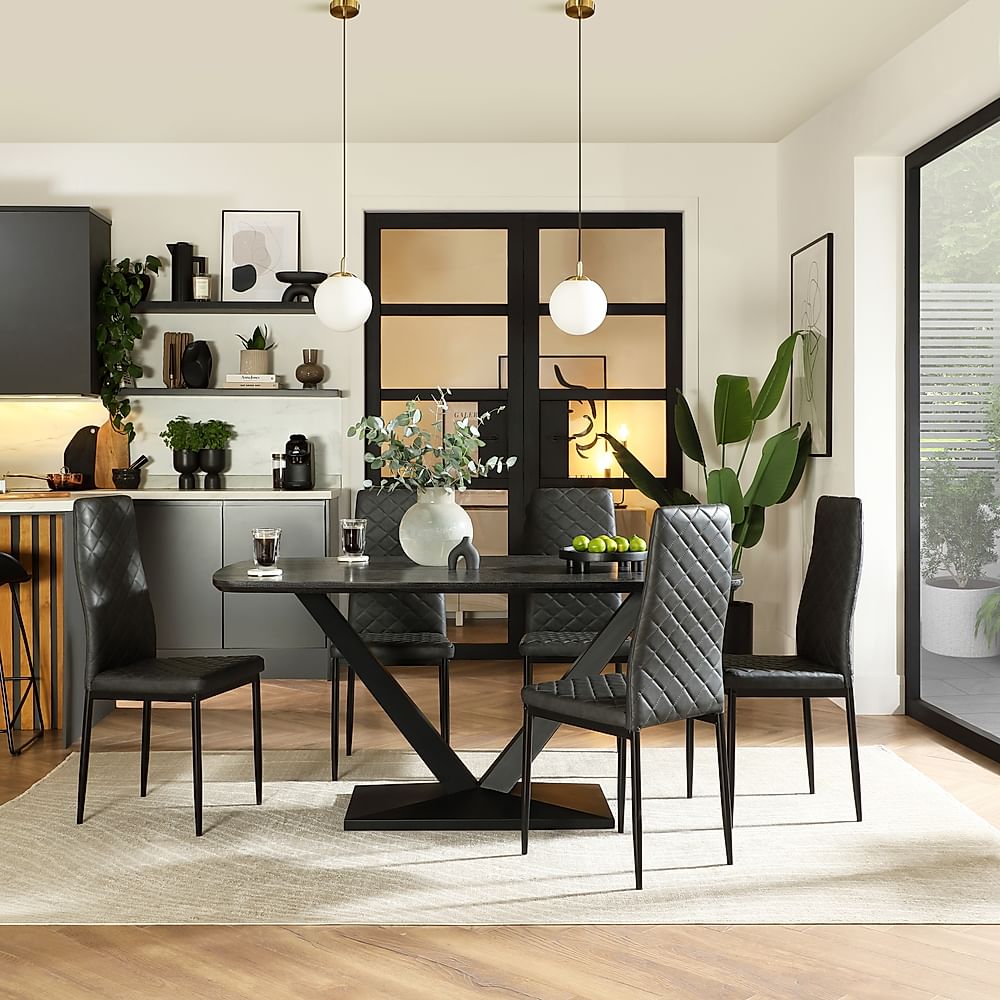 Avanta Dining Table & 6 Renzo Dining Chairs, Black Oak Effect & Black Steel, Vintage Grey Premium Faux Leather, 160cm