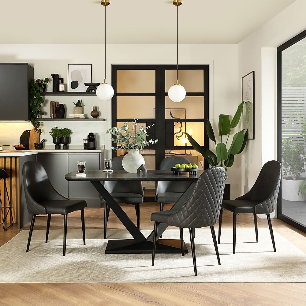 Avanta Dining Table & 6 Ricco Dining Chairs, Black Oak Effect & Black Steel, Vintage Grey Premium Faux Leather, 160cm