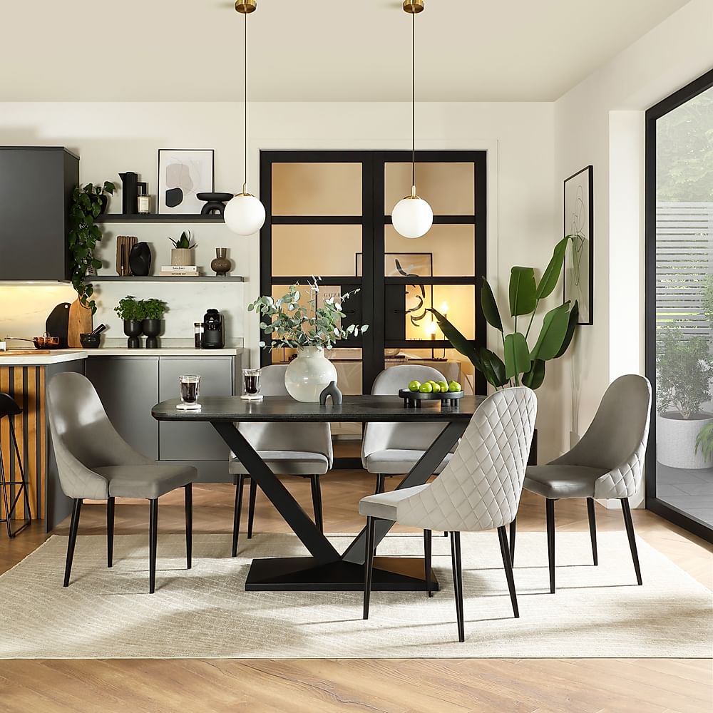 Avanta Dining Table & 6 Ricco Dining Chairs, Black Oak Effect & Black Steel, Grey Classic Velvet, 160cm