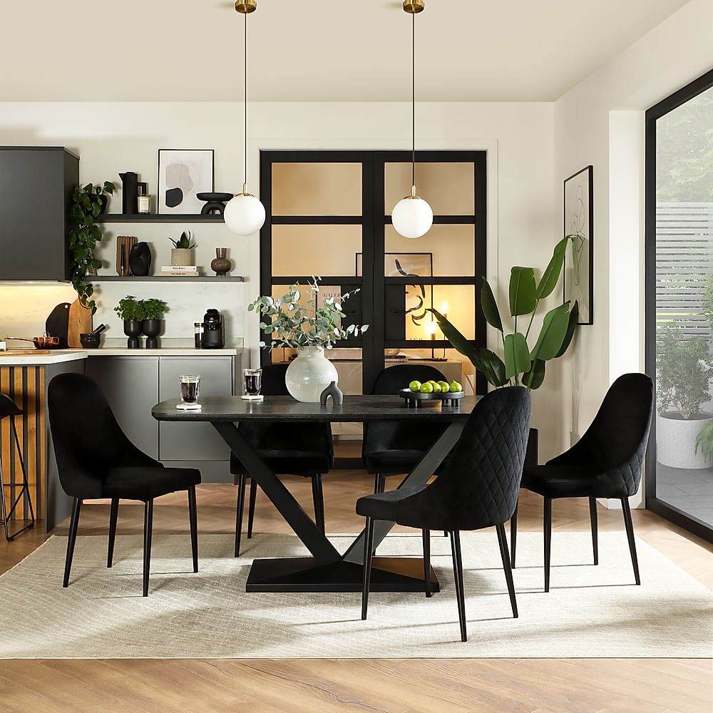 Avanta Dining Table & 4 Ricco Dining Chairs, Black Oak Effect & Black Steel, Black Classic Velvet, 160cm