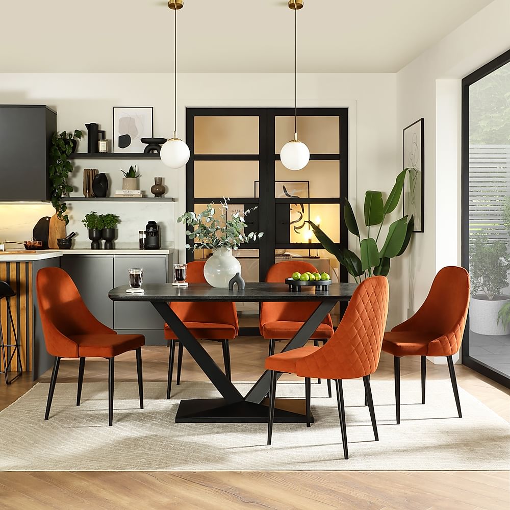 Avanta Dining Table & 4 Ricco Dining Chairs, Black Oak Effect & Black Steel, Burnt Orange Classic Velvet, 160cm