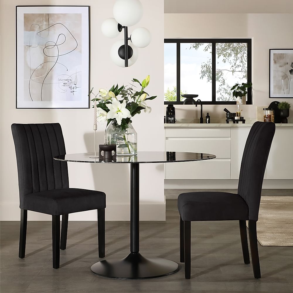 Orbit Round Dining Table & 2 Salisbury Chairs, Black Marble Effect & Black Steel, Black Classic Velvet & Black Solid Hardwood, 110cm