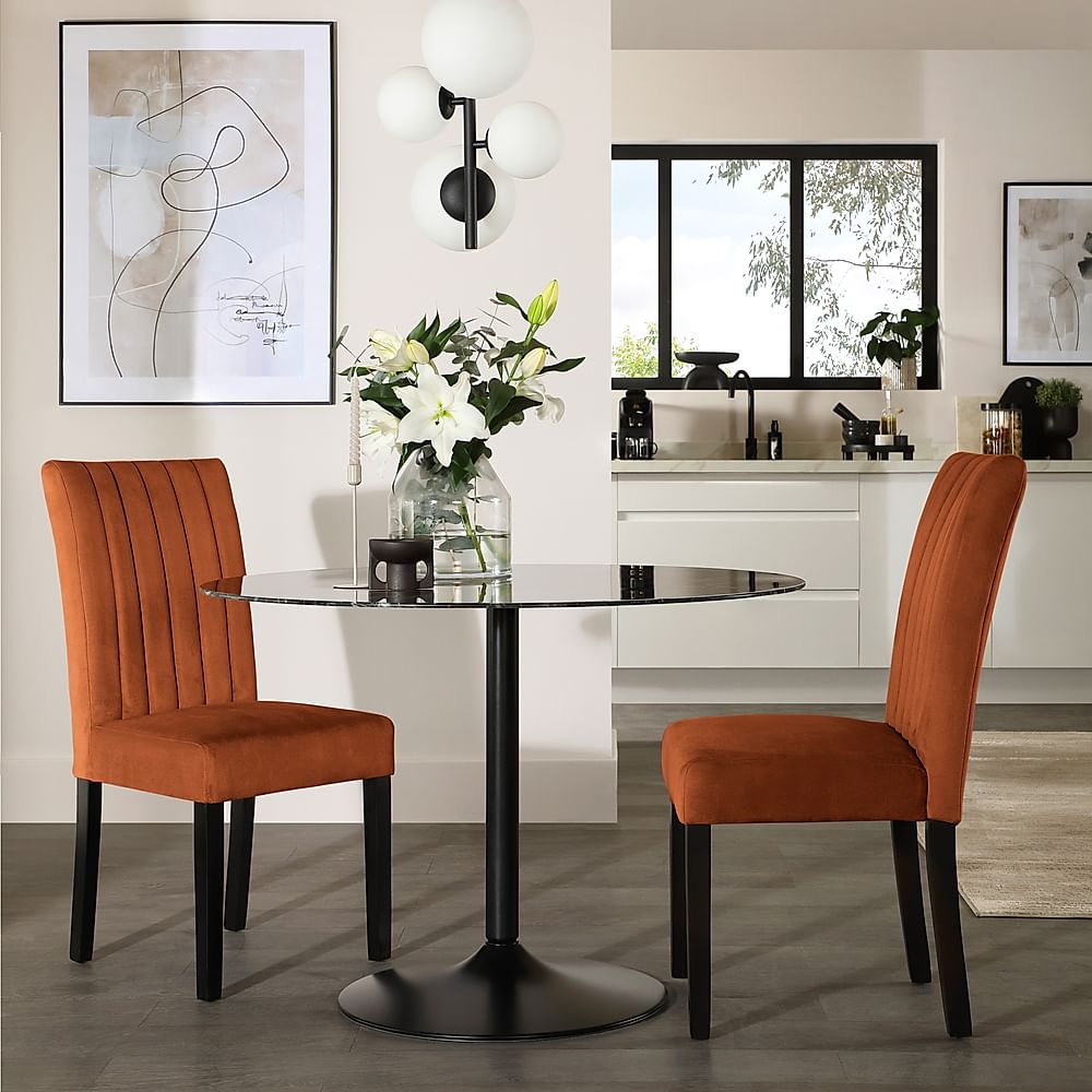 Orbit Round Dining Table & 2 Salisbury Chairs, Black Marble Effect & Black Steel, Burnt Orange Classic Velvet & Black Solid Hardwood, 110cm