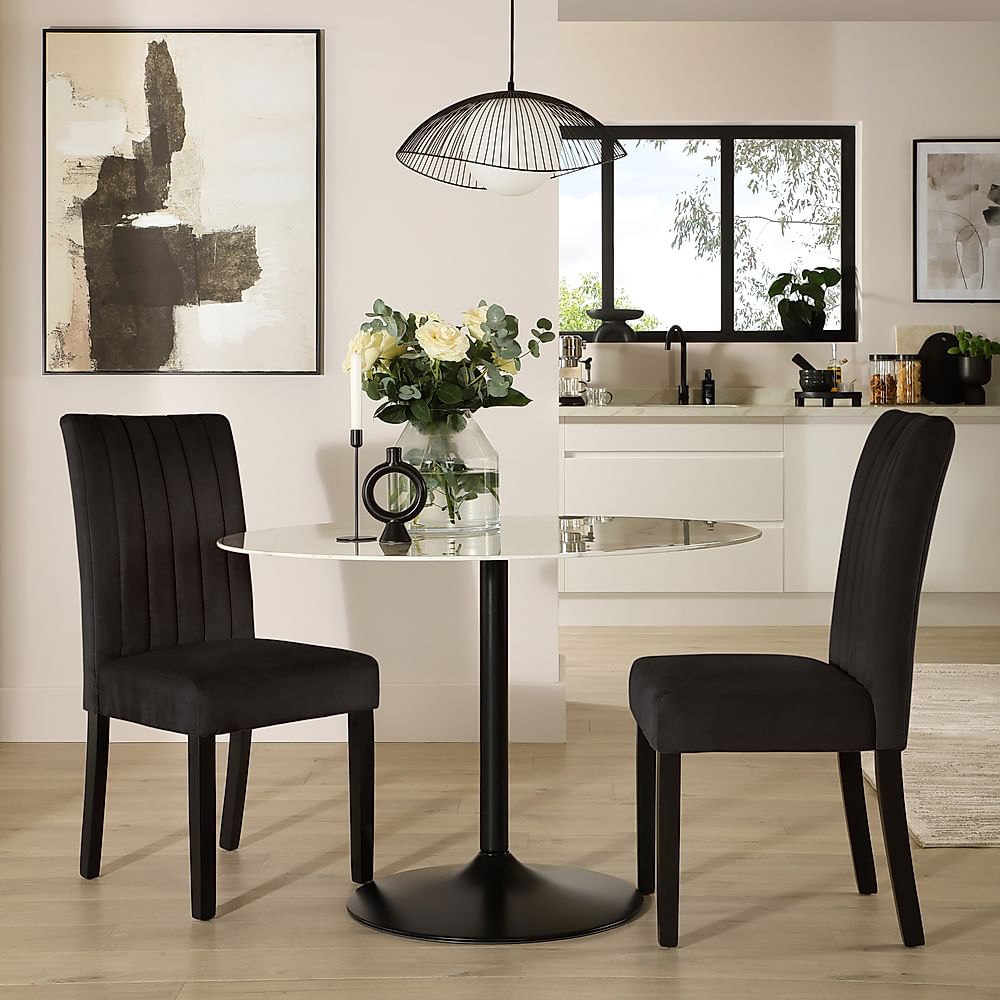 Orbit Round Dining Table & 2 Salisbury Chairs, White Marble Effect & Black Steel, Black Classic Velvet & Black Solid Hardwood, 110cm