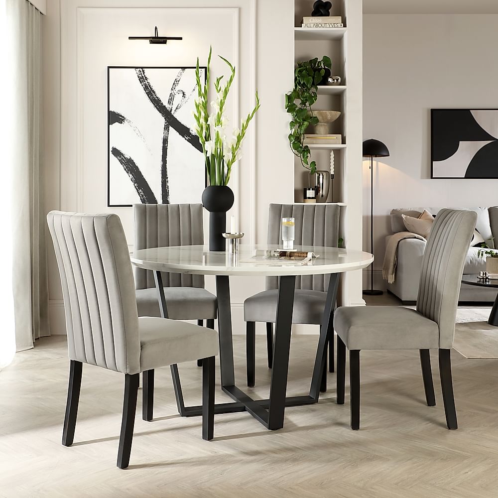 Traviso Round Dining Table & 4 Salisbury Chairs, White Marble Effect & Black Steel, Grey Classic Velvet & Black Solid Hardwood, 120cm