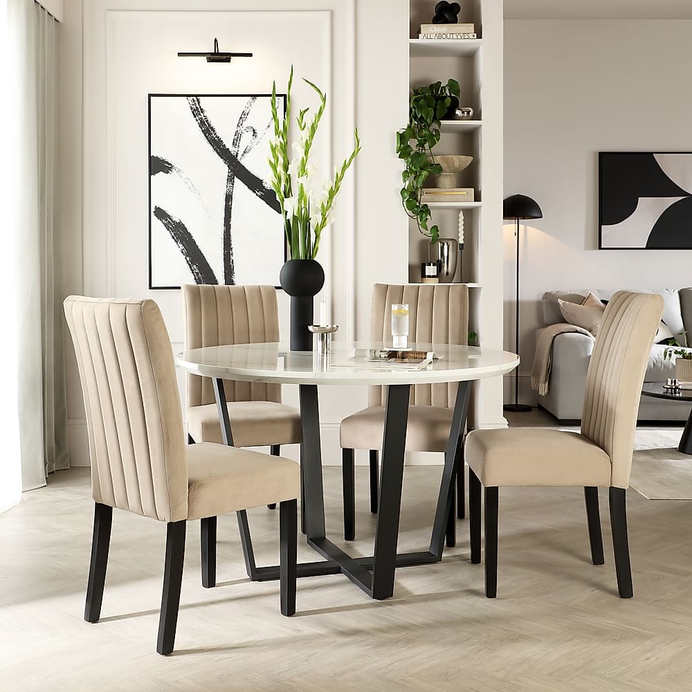 Traviso Round Dining Table & 4 Salisbury Chairs, White Marble Effect & Black Steel, Champagne Classic Velvet & Black Solid Hardwood, 120cm