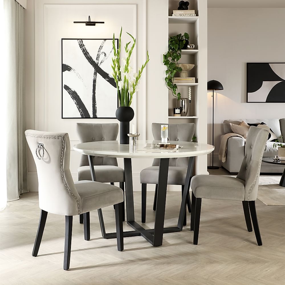 Traviso Round Dining Table & 4 Kensington Chairs, White Marble Effect & Black Steel, Grey Classic Velvet & Black Solid Hardwood, 120cm