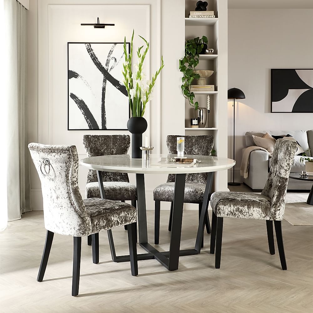 Traviso Round Dining Table & 4 Kensington Chairs, White Marble Effect & Black Steel, Silver Crushed Velvet & Black Solid Hardwood, 120cm