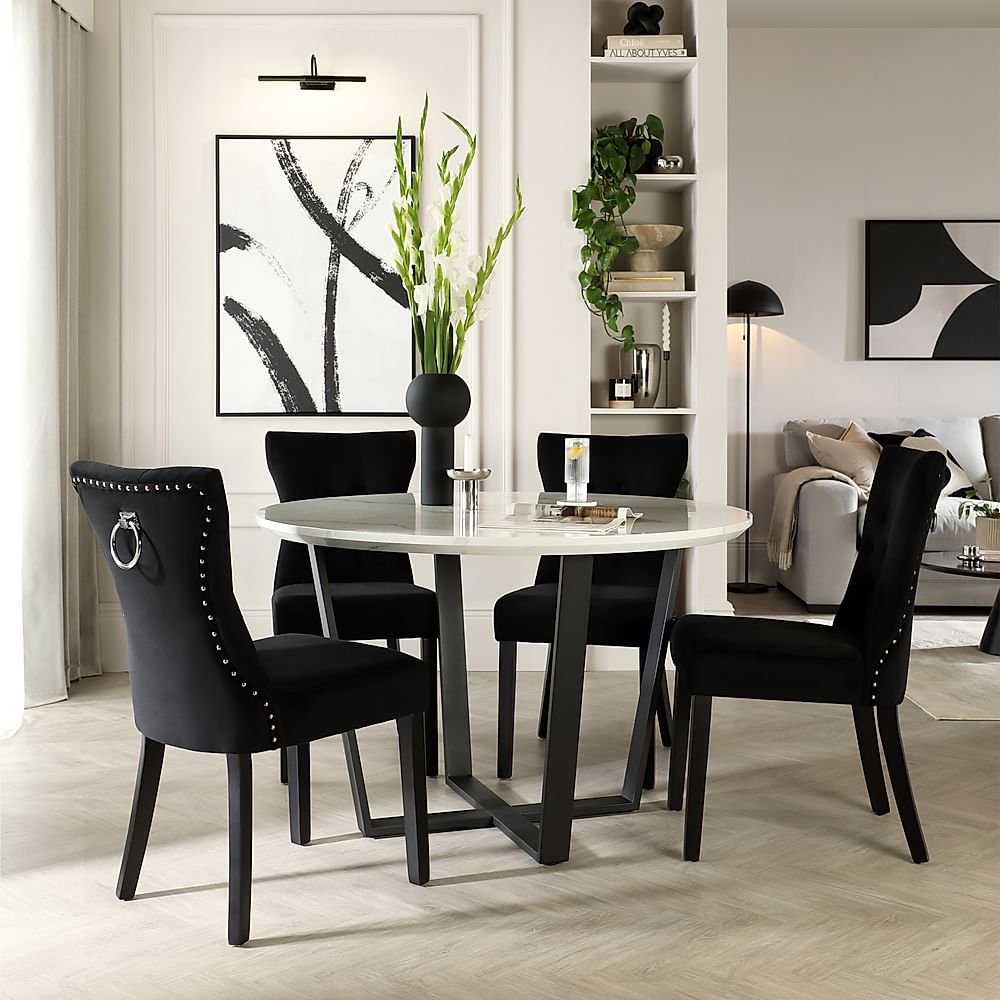 Traviso Round Dining Table & 4 Kensington Chairs, White Marble Effect & Black Steel, Black Classic Velvet & Black Solid Hardwood, 120cm