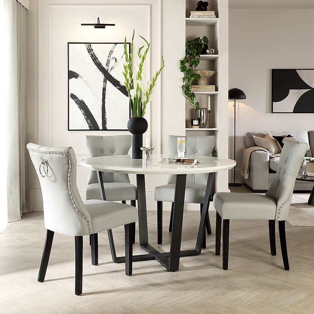 Traviso Round Dining Table & 4 Kensington Chairs, White Marble Effect & Black Steel, Light Grey Premium Faux Leather & Black Solid Hardwood, 120cm